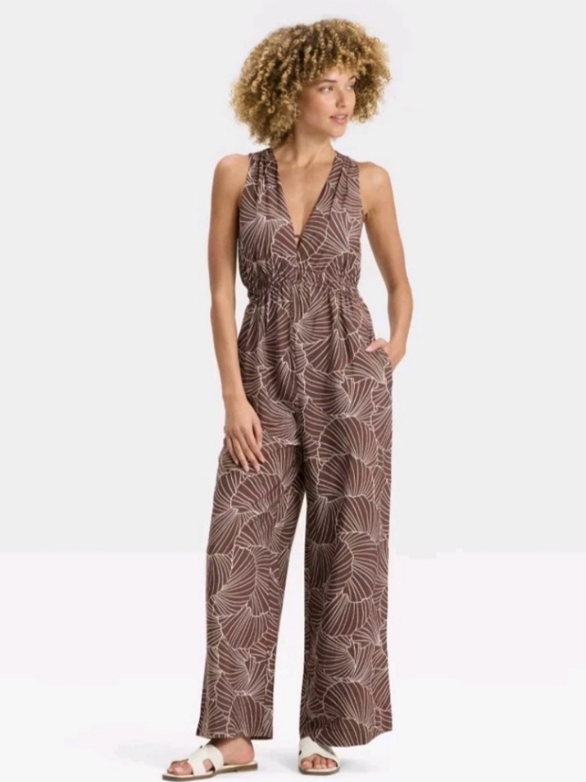A New Day Women Brown Shell Print Sleeveless Smocked Waist Wide Leg Jumpsuit S